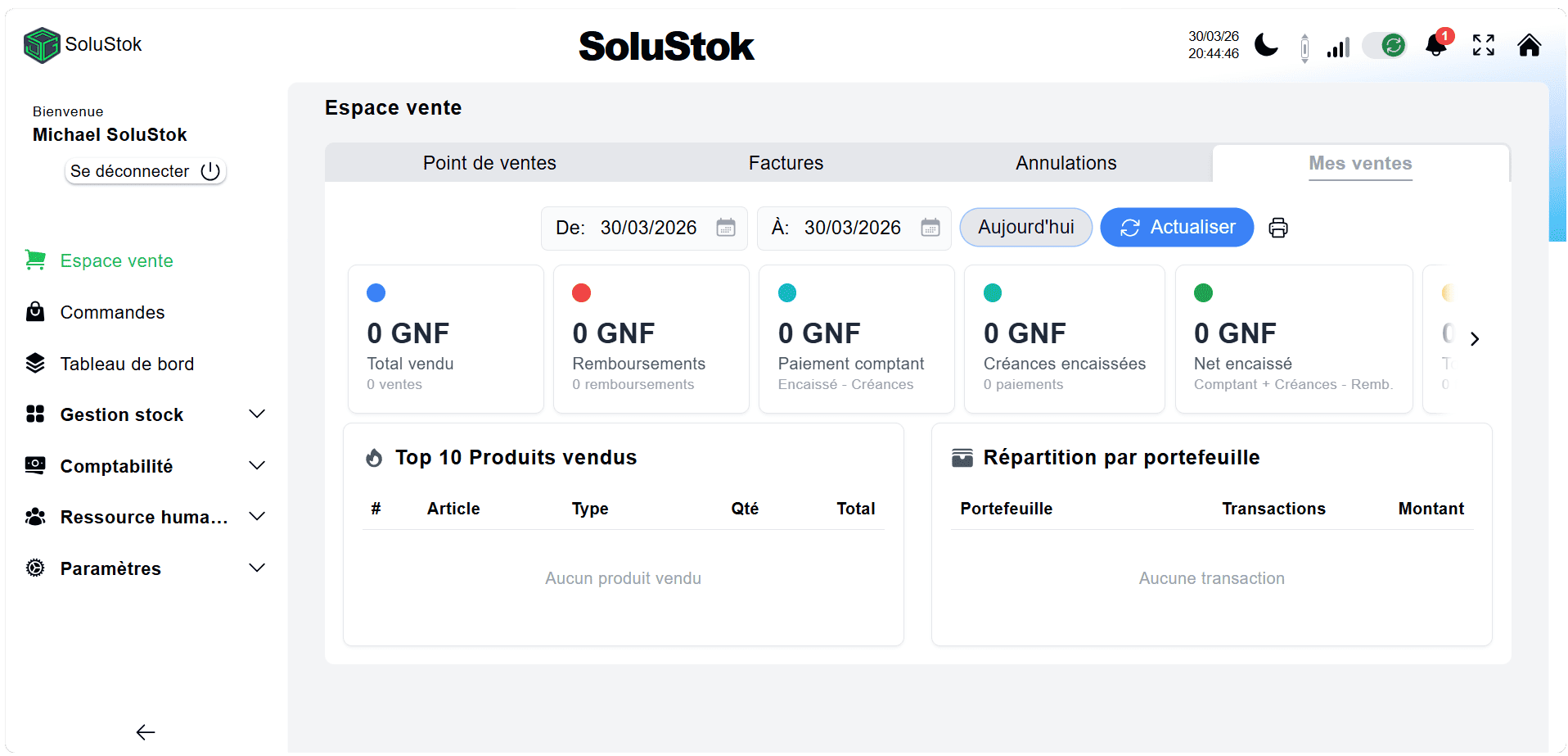 SoluStok Pro dashboard showing inventory, sales, accounting, and business analytics.