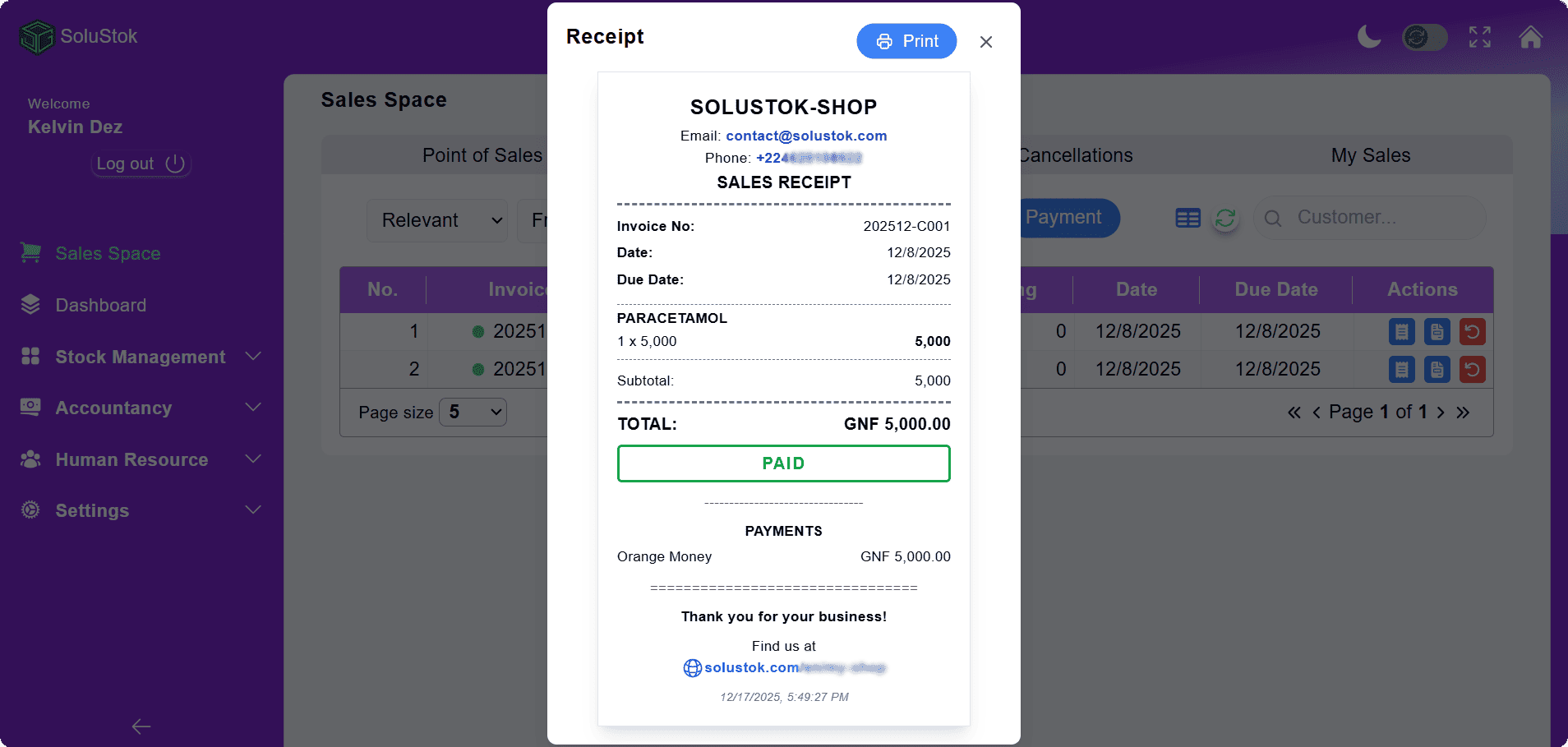 SoluStok Pro sales receipt demonstrating professional invoice and receipt generation.